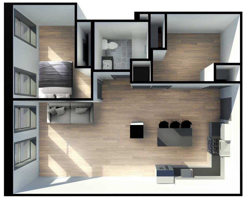 Top-down view of a modern one-bedroom apartment layout with a kitchen, breakfast bar, living area, bedroom, and bathroom. Large windows along two walls let in natural light. Light wood flooring throughout.
