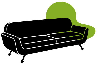 A black silhouette of a modern sofa with white outlines sits in front of an abstract green shape on a light background.