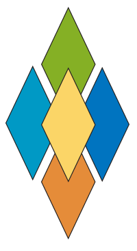 Five diamond shapes overlap to form a vertical pattern. The top diamond is green, left is light blue, right is dark blue, center is yellow, and bottom is orange, all outlined in black on a light gray background.