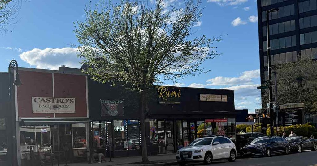 A city street with parked cars in front of Castro's Back Room and Rumi restaurants. A tree stands on the sidewalk, and the sky is partly cloudy with a tall glass building in the background.