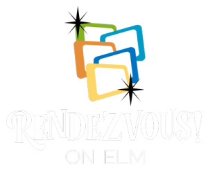 Logo with overlapping rectangles in green, blue, orange, and yellow, each framed in white, with two black starbursts. Below, the text reads "RENDEZVOUS! ON ELM" in decorative white letters.