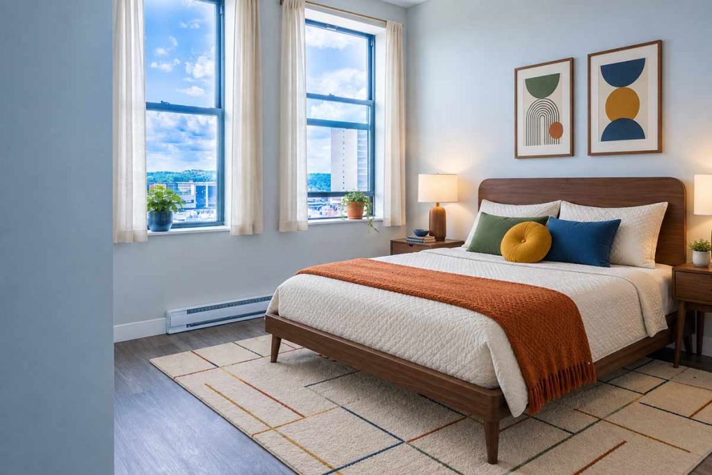 Bright bedroom with a large window, modern decor, a wooden bed with white bedding, colorful pillows, an orange throw, two nightstands with lamps, plants, and abstract art on the wall.