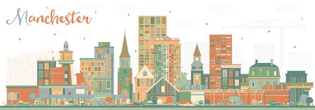 Illustration of Manchester’s city skyline with various buildings, churches, and towers in muted orange, green, and beige tones. “Manchester” is written in cursive at the top left. Cars and trees line the foreground.