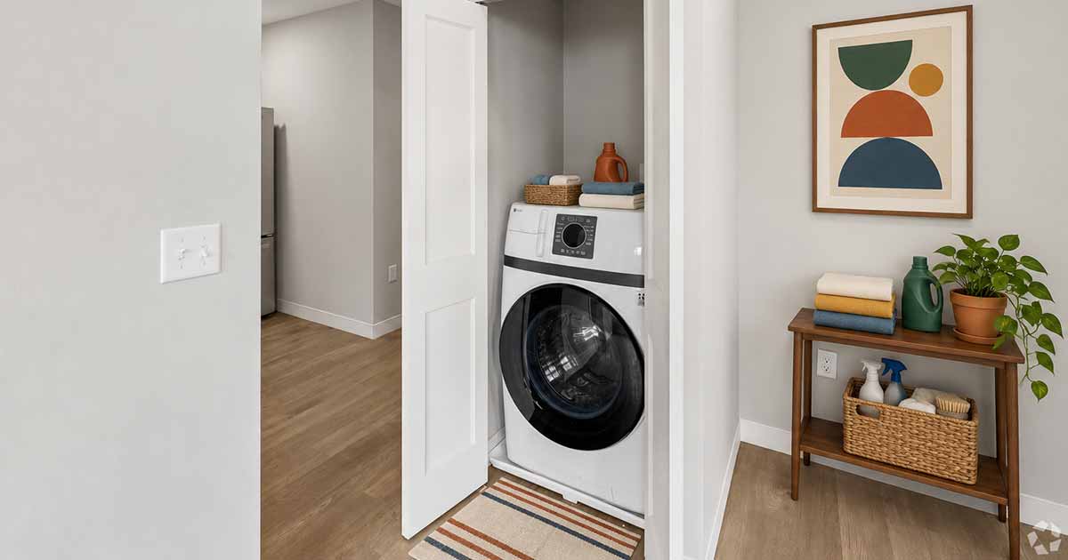 A front-loading washer and dryer unit inside a closet, with a wooden console table holding folded towels, a plant, and cleaning supplies to the right.