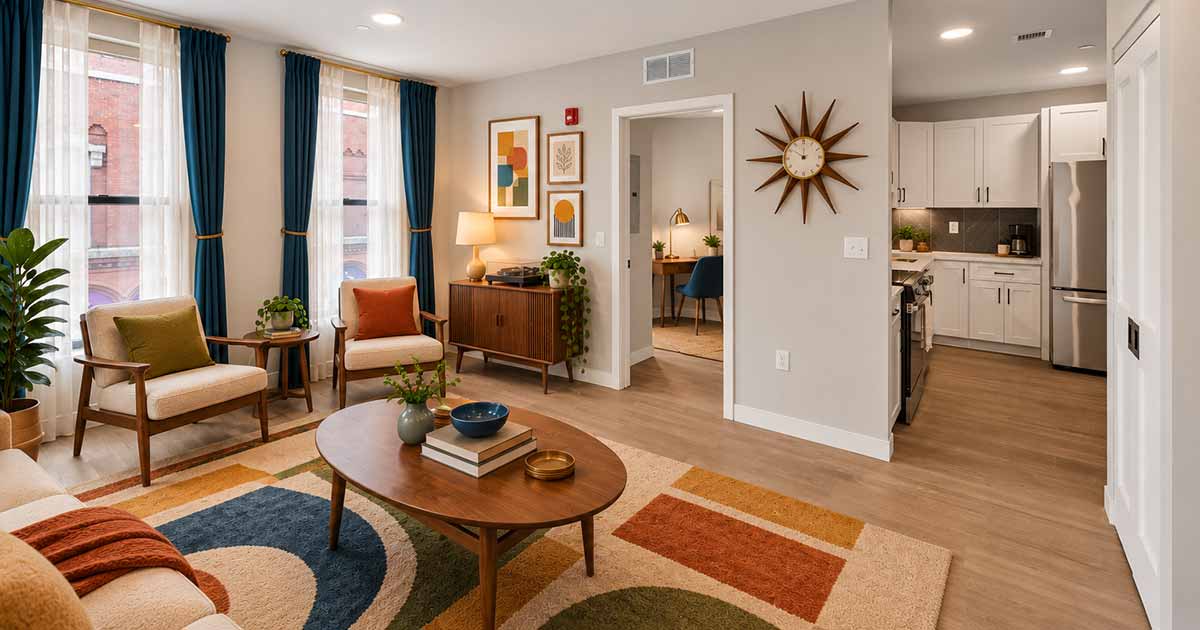 A mid-century modern living room with a patterned area rug, oval coffee table, and two armchairs, looking into an adjacent kitchen and a home office.