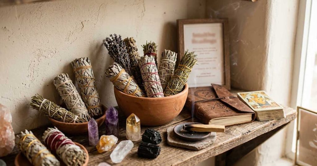 Bundles of dried sage and herbs in bowls, accompanied by assorted crystals, a leather-bound book, and a tarot card on a wooden shelf.