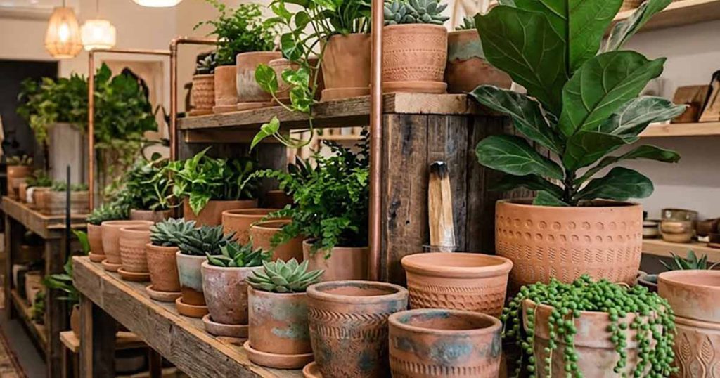 A variety of houseplants in terracotta and ceramic pots displayed on rustic wooden shelves with copper piping.